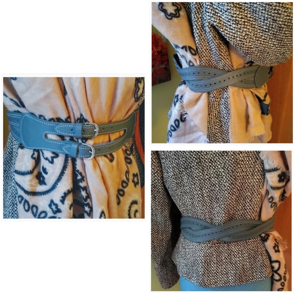 VINTAGE 80s Boho Gray Leather Belt Double Twist Double Buckle Wide Belt